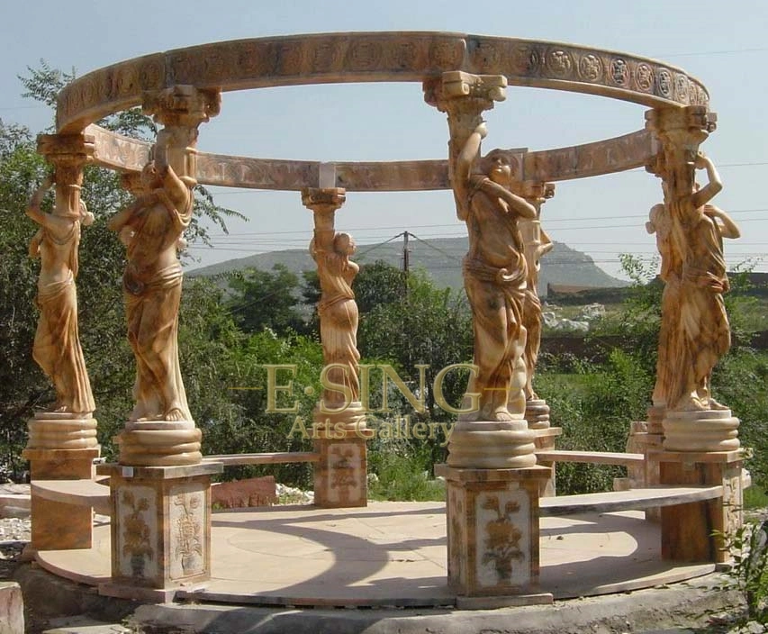 Large Sculpture Column Natural Stone Granite or Marble Gazebo with Iron Roof for Sale