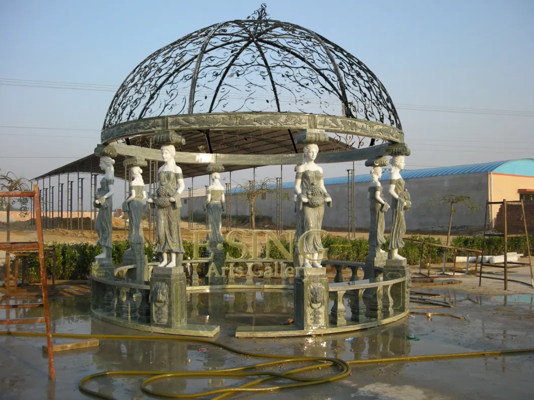 Large Sculpture Column Natural Stone Granite or Marble Gazebo with Iron Roof for Sale