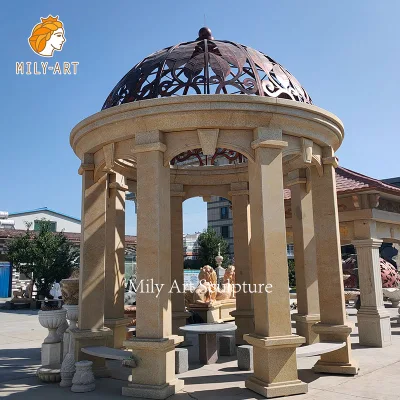 Gazebo esterno con colonne in granito di grandi dimensioni e padiglione in pietra con parte superiore in ferro per giardino