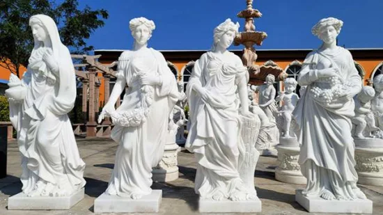 Grossista di sculture di statue femminili di quattro stagioni in marmo rosso naturale a grandezza naturale su misura della statua del dio femminile greco